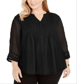 Charter Club Women's Pintuck Front Lace Sleeve Top Black Size 1X