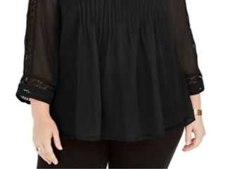 Charter Club Women's Pintuck Front Lace Sleeve Top Black Size 1X