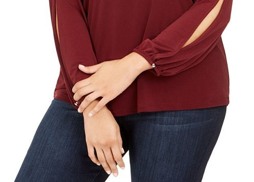 INC International Concepts Women's Long Sleeve Scoop Neck Top Red Size 1X