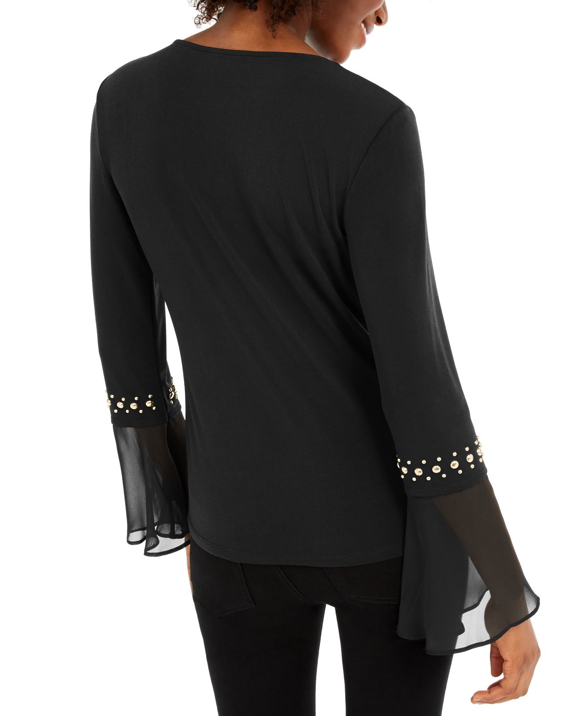 INC International Concepts Women's Studded Chiffon Cuff Top Black Size Petite S/M