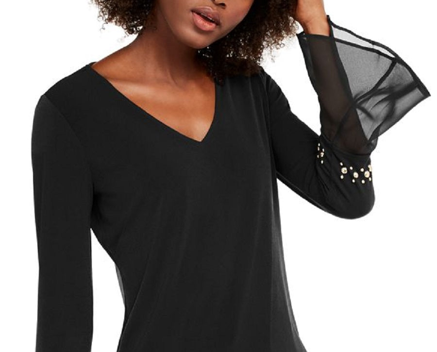 INC International Concepts Women's Studded Chiffon Cuff Top Black Size Petite S/M