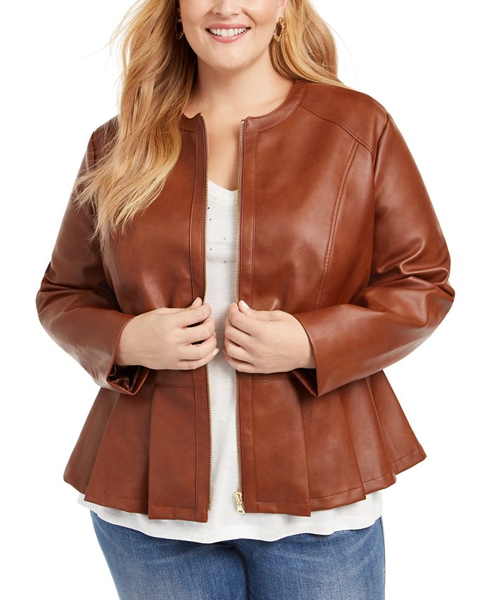 INC International Concepts Women's Plus Faux Leather Peplum Jacket Brown Size 2X