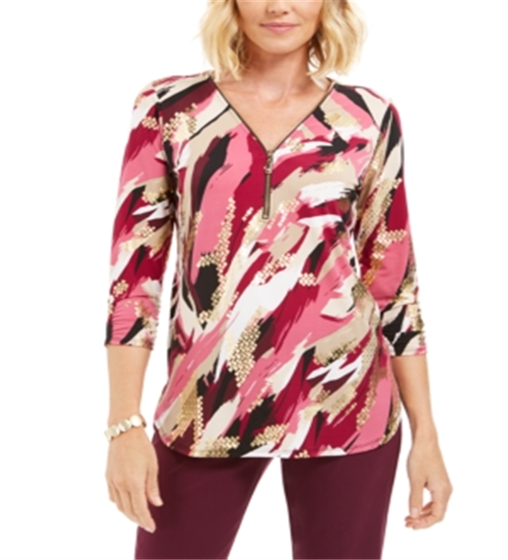 JM Collection Women's Zip Print Top Purple Size Medium