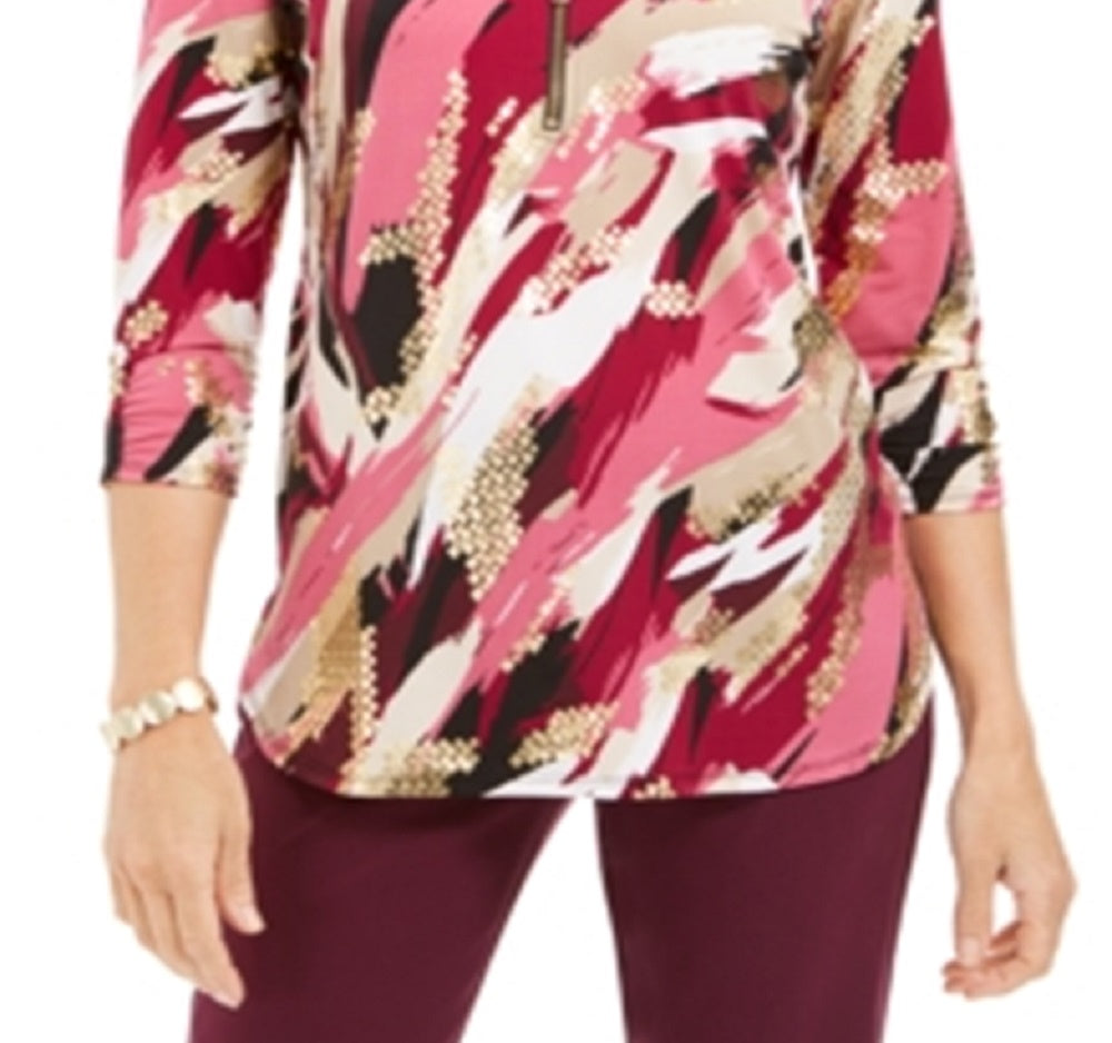 JM Collection Women's Zip Print Top Purple Size Medium