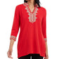 Charter Club Women's Embroidered Patterned 3/4 Sleeve V Neck Top Red Size X-Large