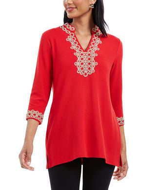 Charter Club Women's Embroidered Patterned 3/4 Sleeve V Neck Top Red Size X-Large