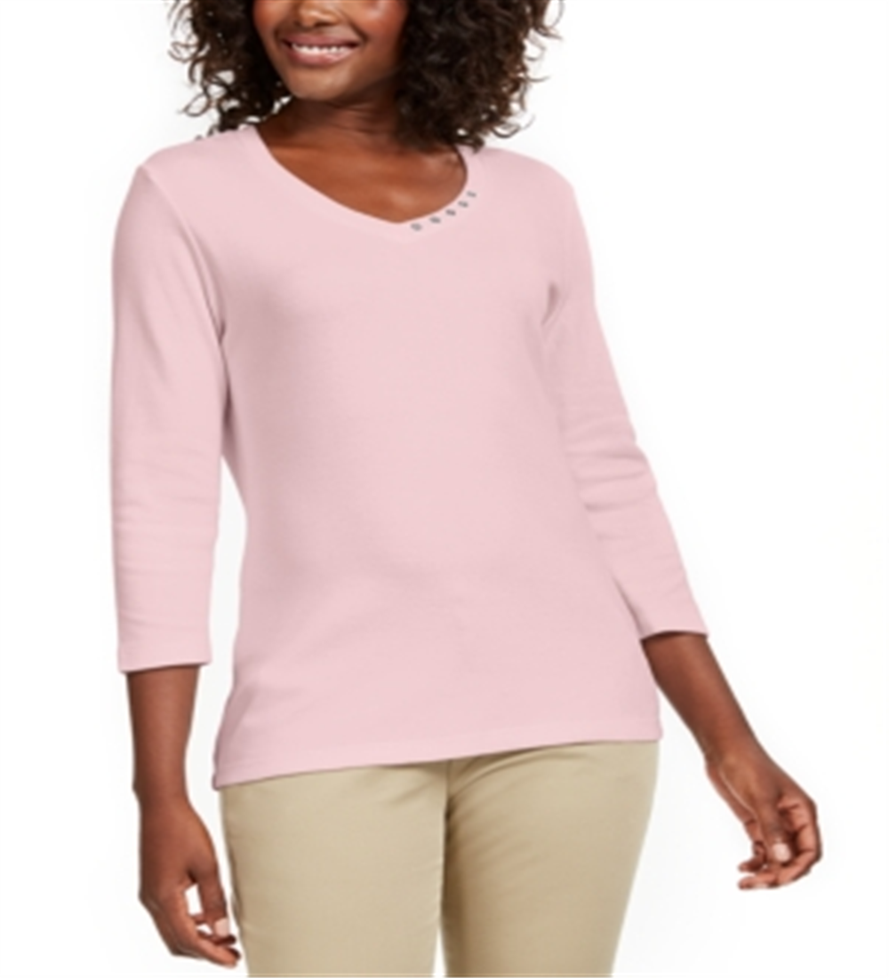 Karen Scott Women's Grommet Neck Cotton Top Pink Size Small