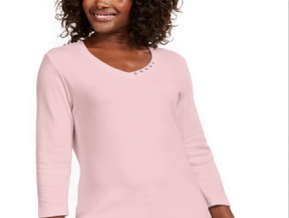 Karen Scott Women's Grommet Neck Cotton Top Pink Size Small