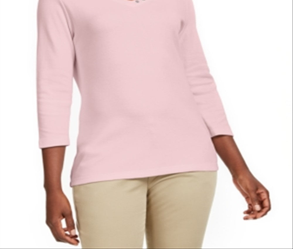 Karen Scott Women's Grommet Neck Cotton Top Pink Size Small