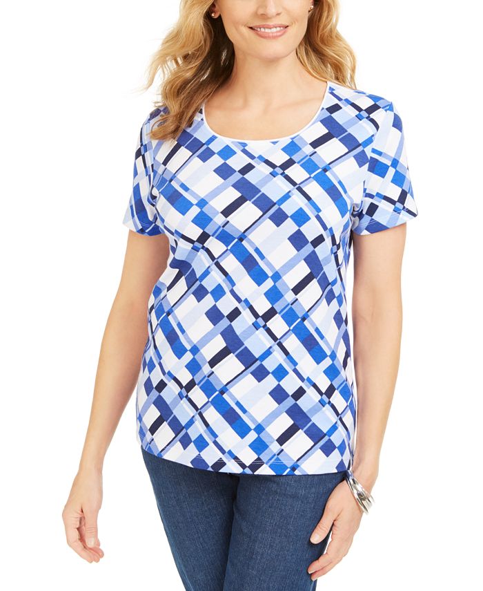 Karen Scott Women's Printed Scoop Neck T-Shirt Blue Size Large
