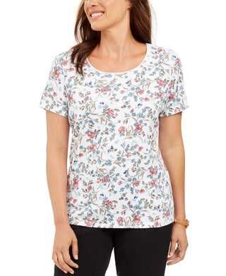 Karen Scott Women's White Floral-Print T-Shirt Size Small