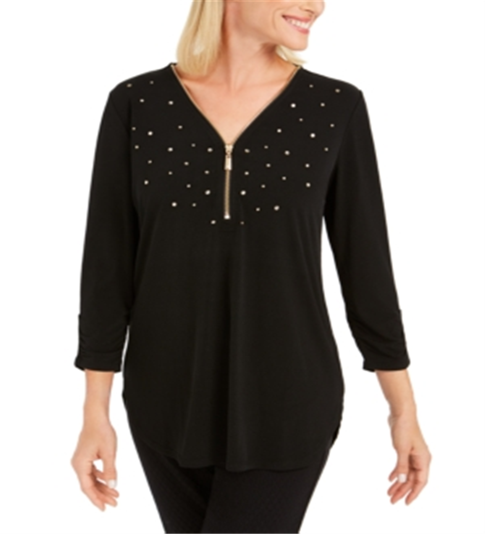 JM Collection Women's Embellished Zipper Trim Top Black Size X-Small