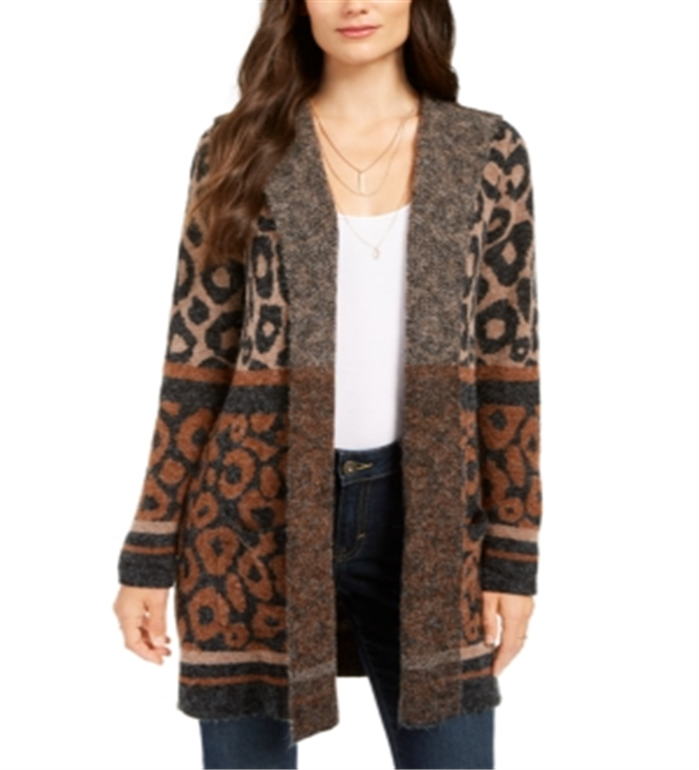 Style & Co Women's Leopard Print Open Front Cardigan Brown Size Petite M