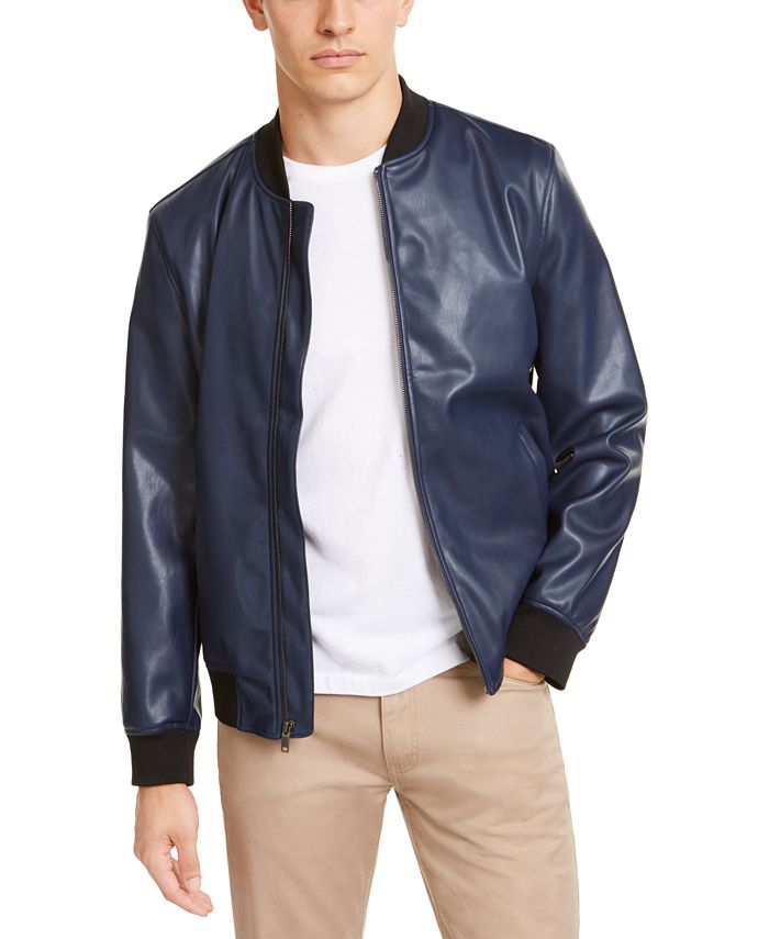Alfani Men's Faux Leather Bomber Jacket Blue Size Small