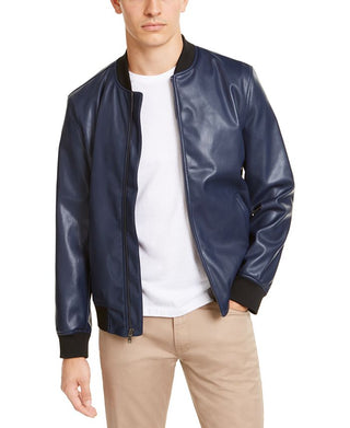 Alfani Men's Faux Leather Bomber Jacket Blue Size Small