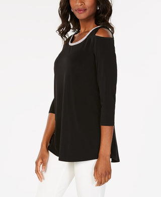 JM Collection Women's Black Embellished Cold-Shoulder Top Size Petite