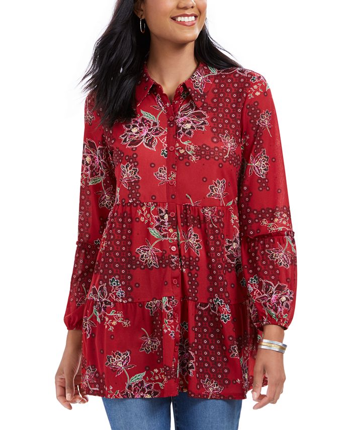 Style & Co Women's Paneled Mixed Print Mesh Shirt Red Size Small