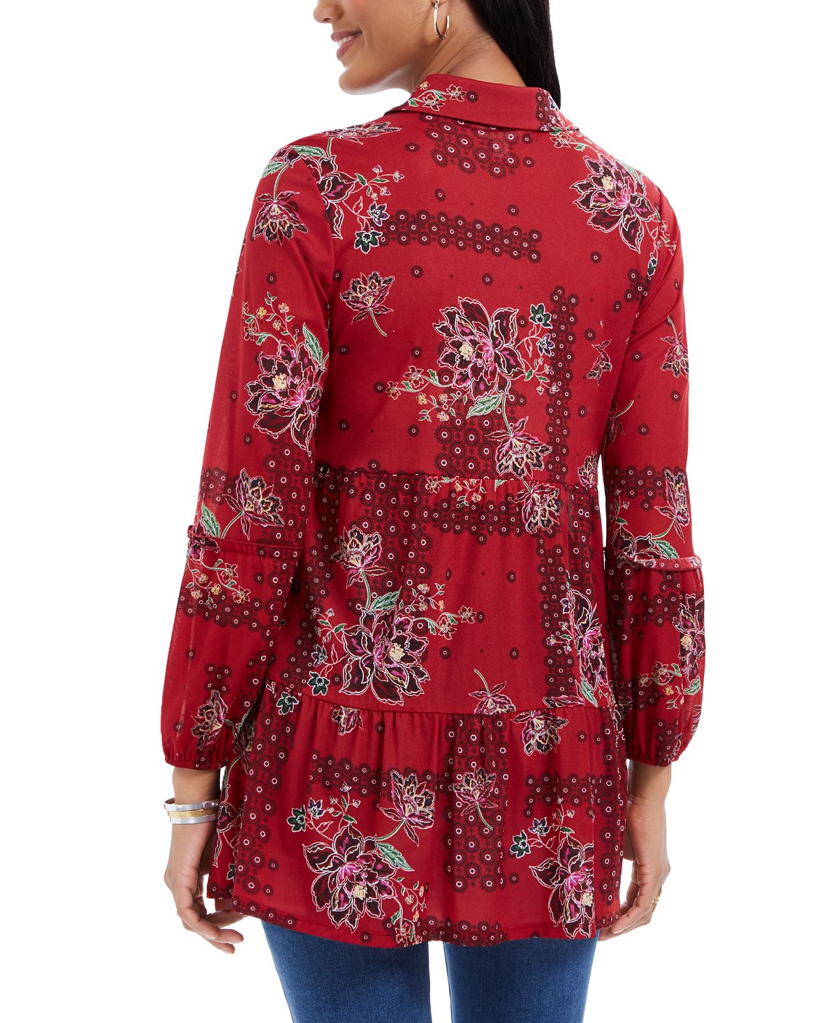 Style & Co Women's Paneled Mixed Print Mesh Shirt Red Size Small