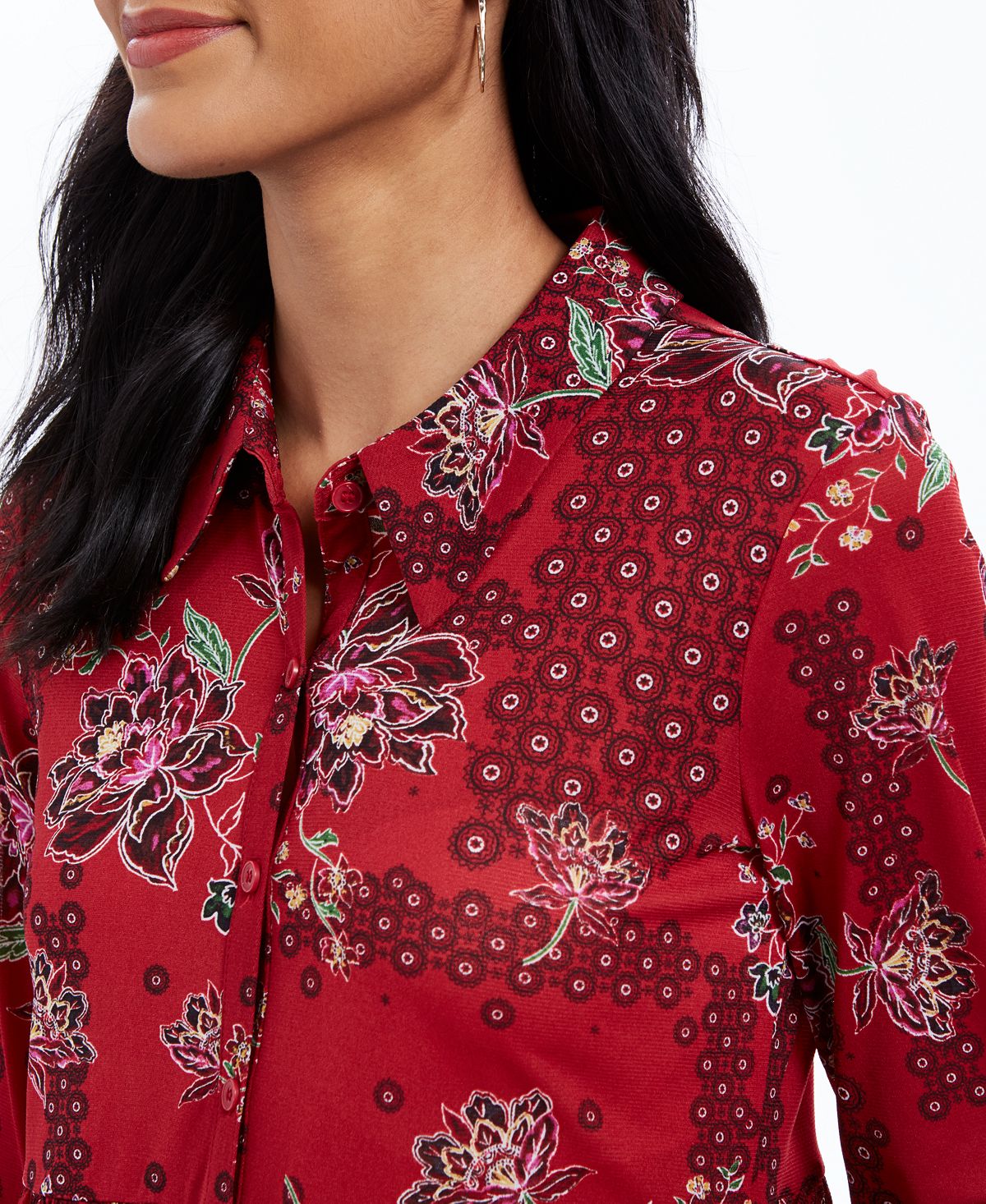 Style & Co Women's Paneled Mixed Print Mesh Shirt Red Size Small