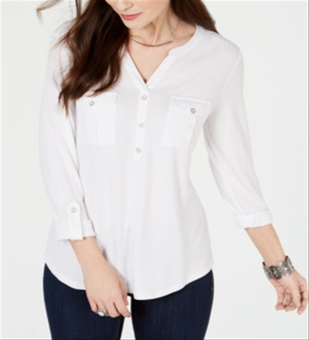 Style & Co Women's Roll Tab Popover Top White Size Petite