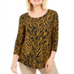 JM Collection Women's Floral 3/4 Sleeve Jewel Neck Top Black Size Petite Small