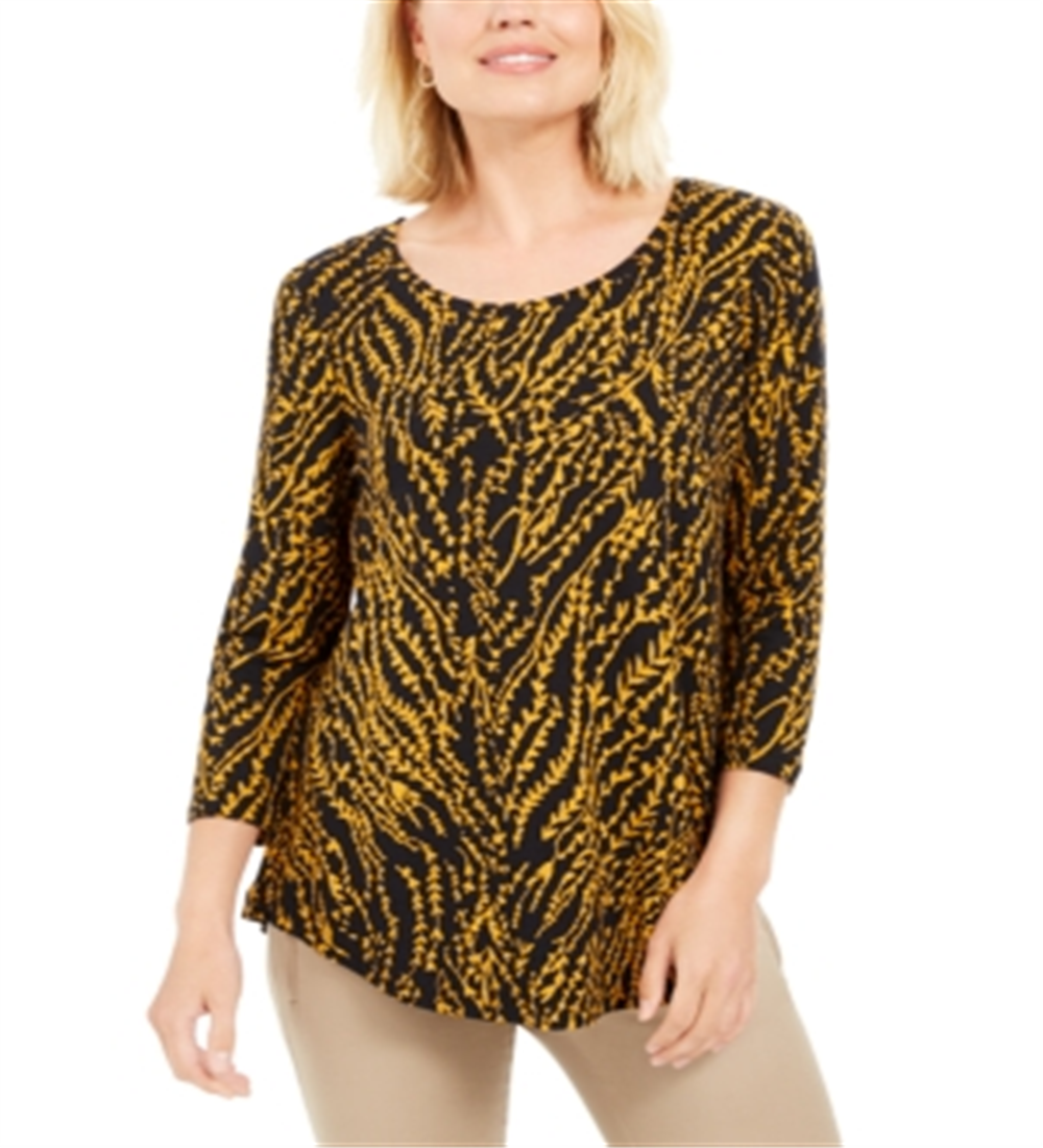 JM Collection Women's Floral 3/4 Sleeve Jewel Neck Top Black Size Petite Small