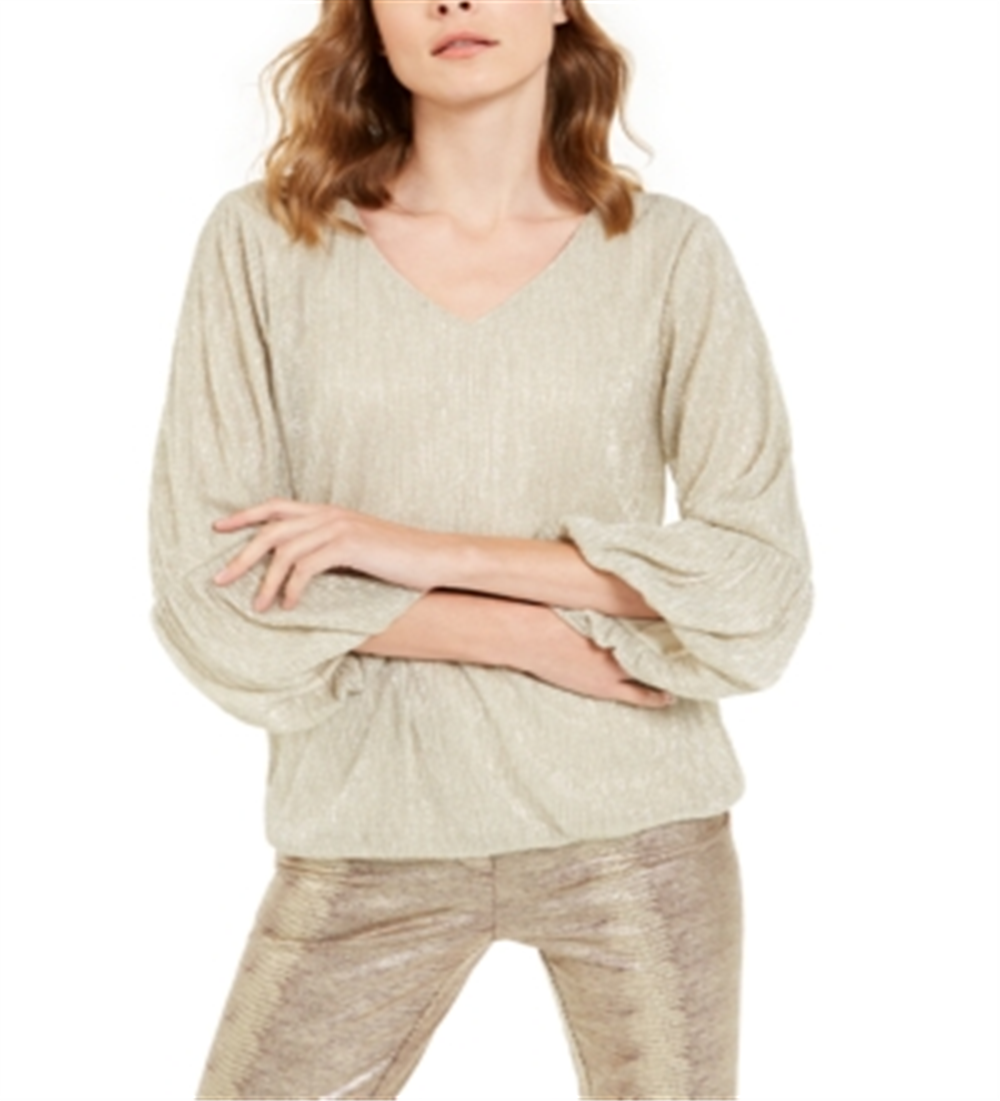 Alfani Women's Metallic 3/4 Sleeve Top Beige Size Medium