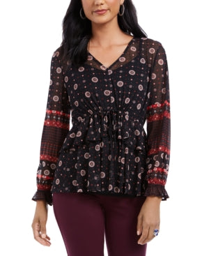 Style & Co Women's Black Tie Waist Peasant Blouse Size X-Small
