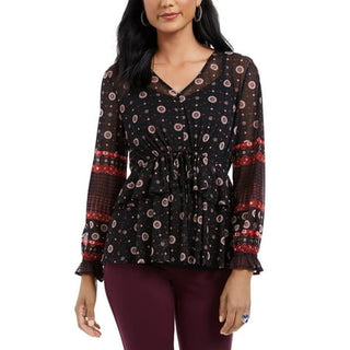 Style & Co Women's Black Tie Waist Peasant Blouse Size X-Small