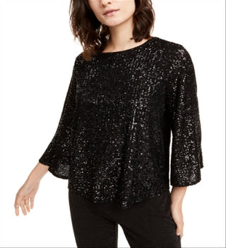 Alfani Women's Sequined Bell Sleeve Top Black Size Large