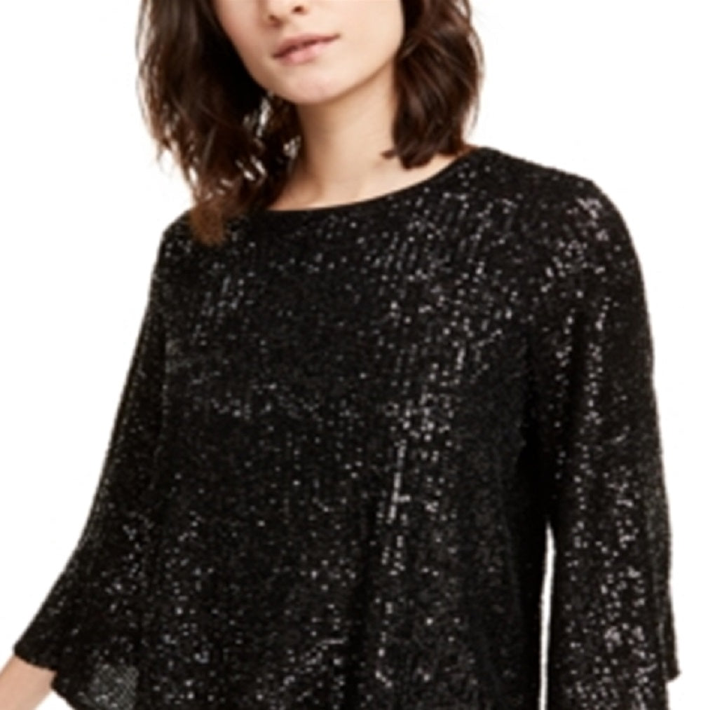Alfani Women's Sequined Bell Sleeve Top Black Size Large
