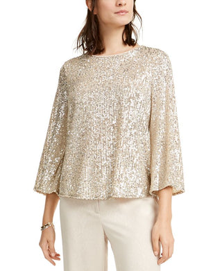 Alfani Women's Sequined Bell Sleeve Top Brown Size Petite Medium