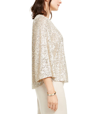 Alfani Women's Sequined Bell Sleeve Top Brown Size Petite Medium