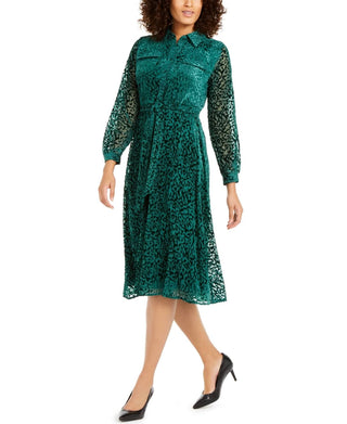 Alfani Women's Velvet Burnout Belted Shirtdress Green Size 18