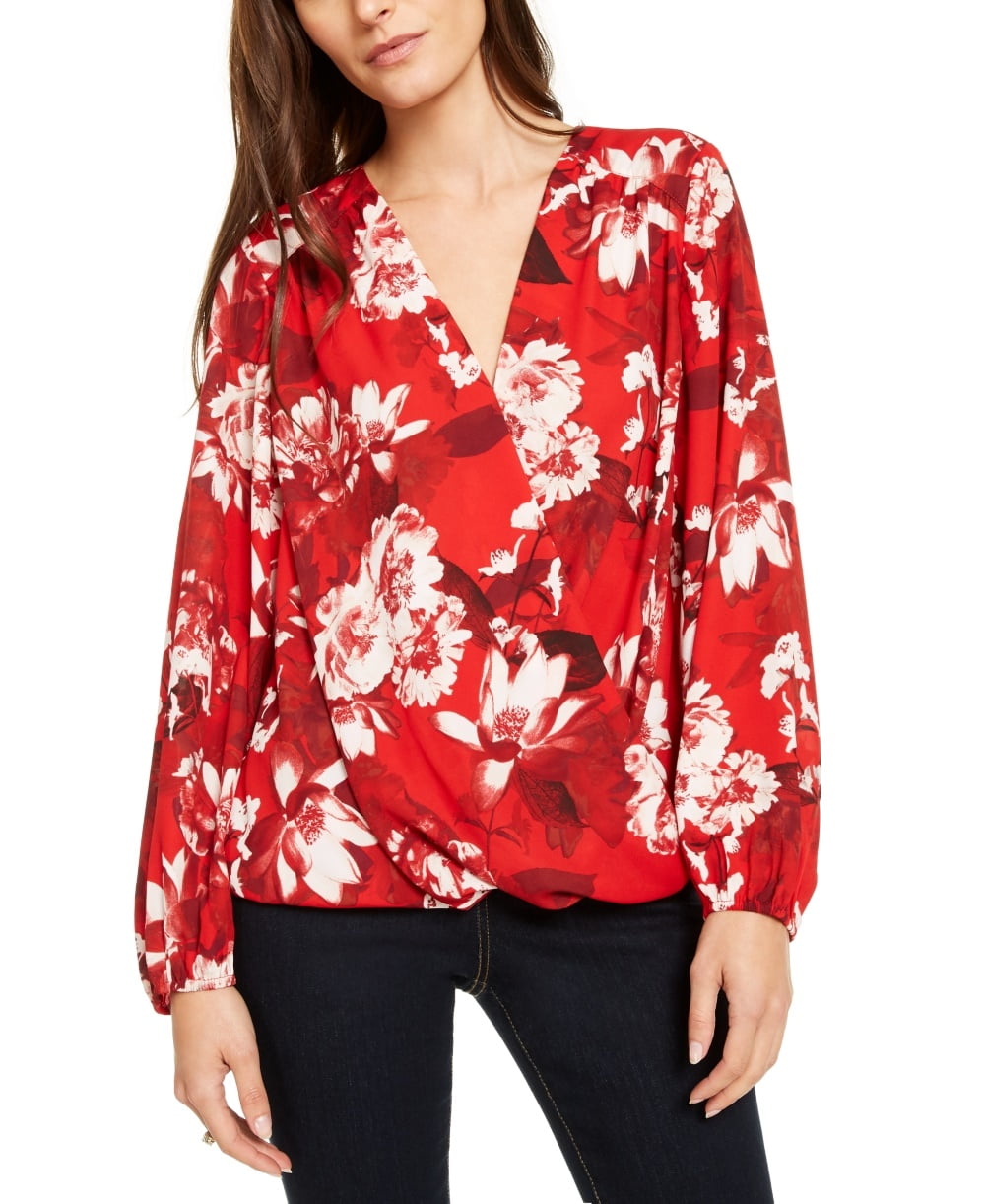 INC International Concepts Women's Red Floral Print Surplice Top Size Petite Small