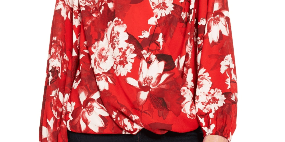 INC International Concepts Women's Red Floral Print Surplice Top Size Petite Small