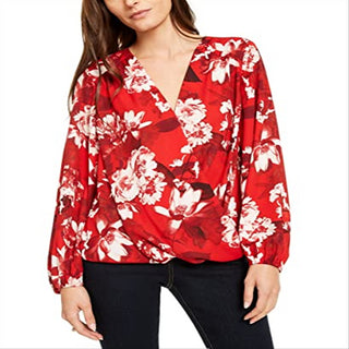 INC International Concepts Women's Red Floral Print Surplice Top Size Petite Small