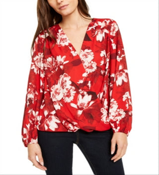 INC International Concepts Women's Red Floral Print Surplice Top Size Petite Small