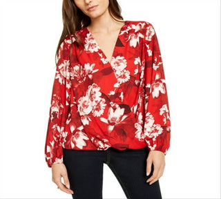 INC International Concepts Women's Red Floral Print Surplice Top Size Petite Small