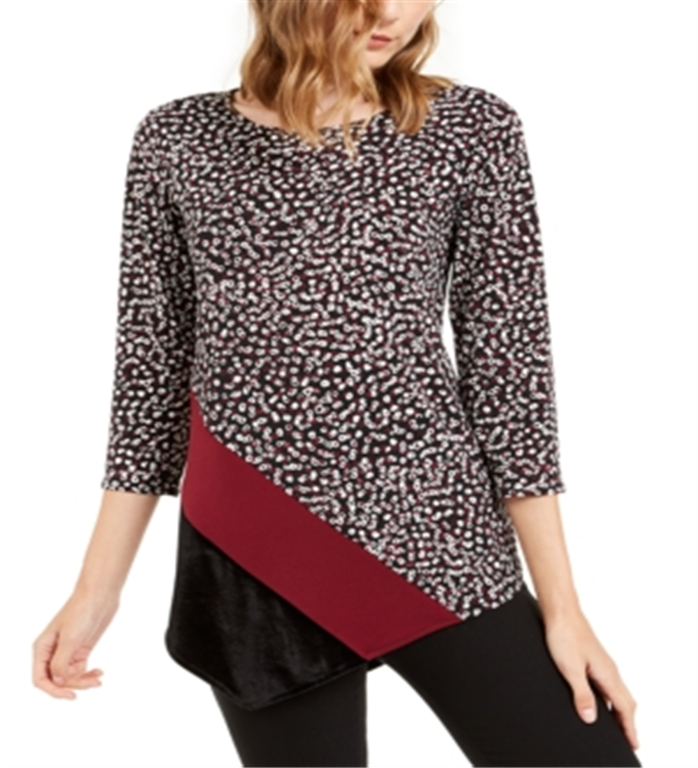 Alfani Women's Printed & Velvet Asymmetrical Top Black Size Small