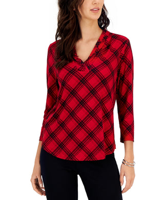 Charter Club Women's Plaid 3/4 Sleeve Top Red Size Petite Medium