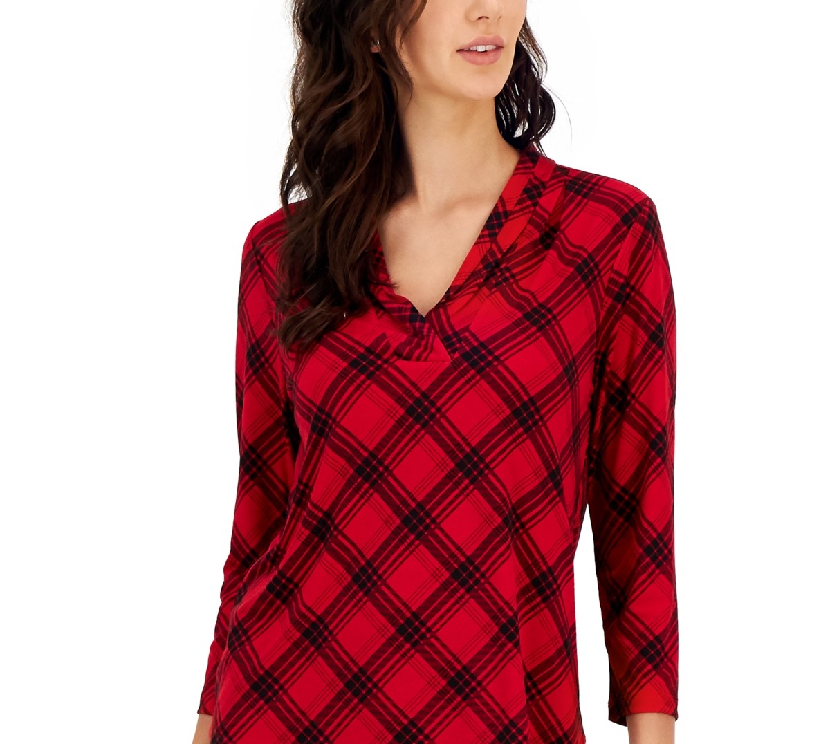 Charter Club Women's Plaid 3/4 Sleeve Top Red Size Petite Medium