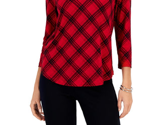 Charter Club Women's Plaid 3/4 Sleeve Top Red Size Petite Medium