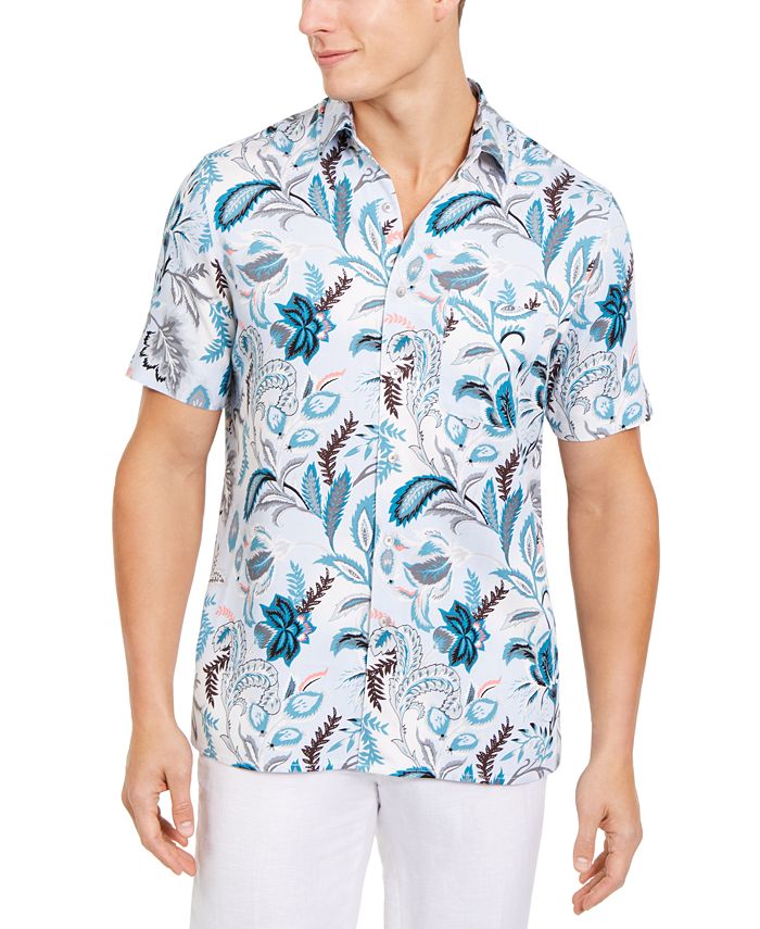 Tasso Elba Men's Stretch Floral Paisley Print Shirt Blue Size X-Large