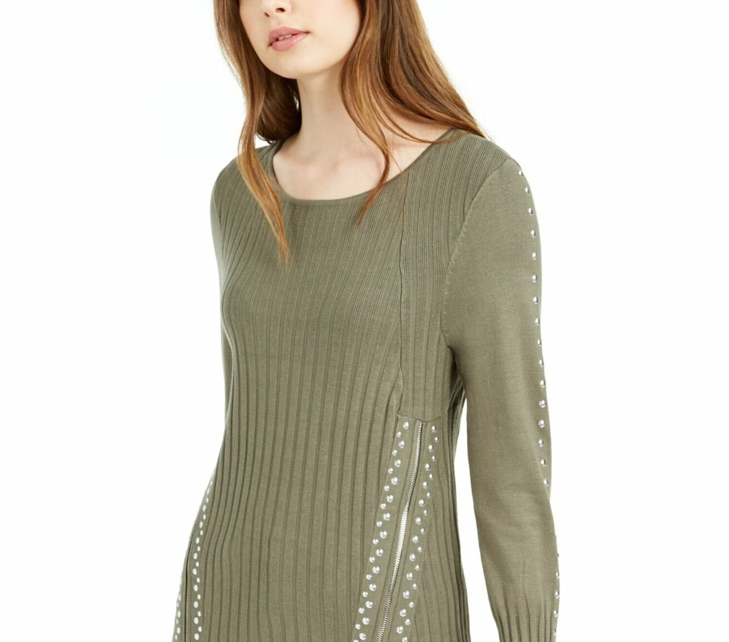 Bar III Women's Zippered Studded Sweater Green Size Small