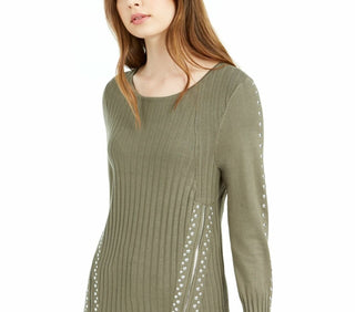 Bar III Women's Zippered Studded Sweater Green Size Small