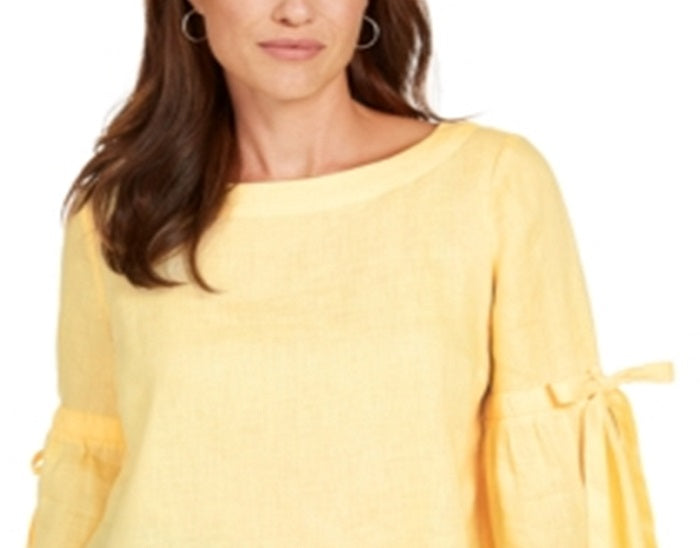 Charter Club Women's Linen Bell Sleeve Top Yellow Size X-Small