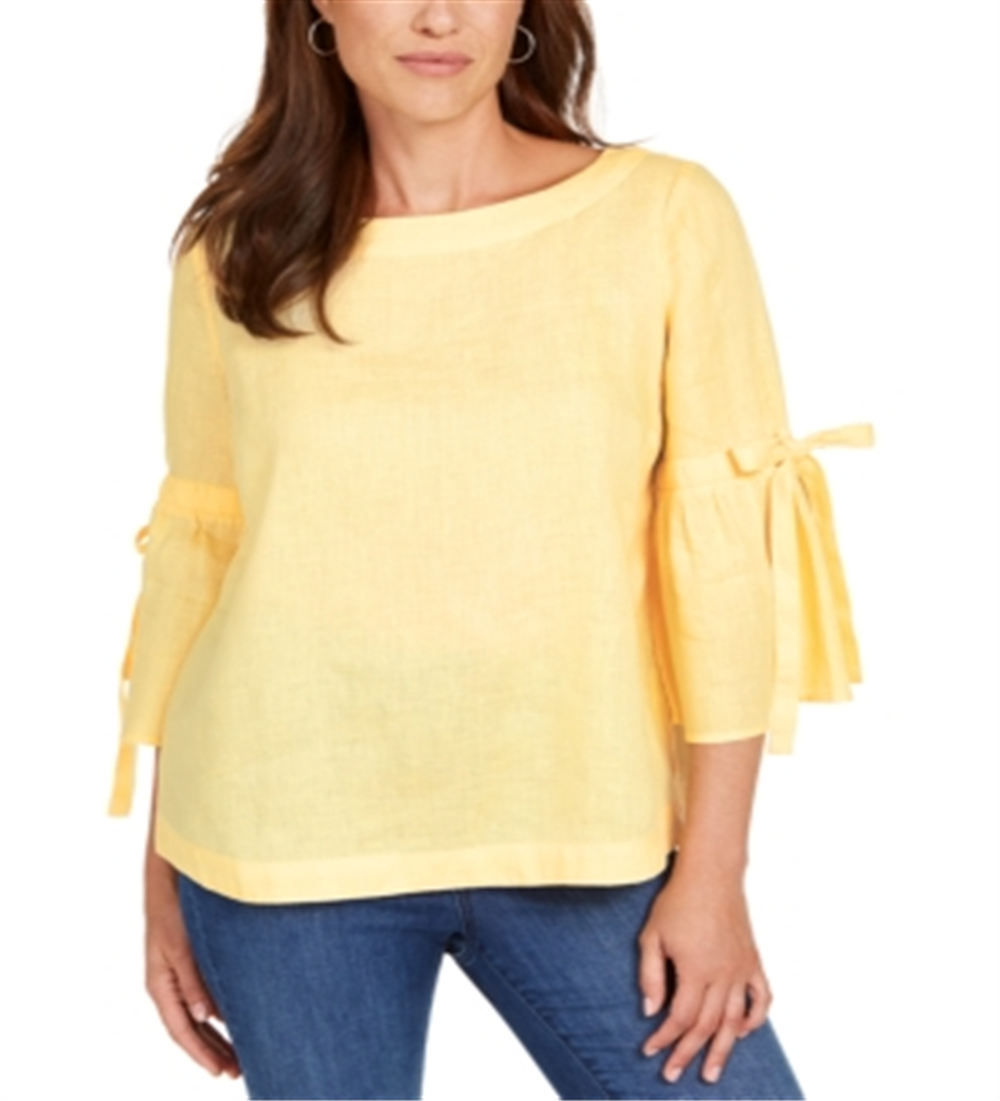 Charter Club Women's Linen Bell Sleeve Top Yellow Size X-Small