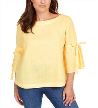 Charter Club Women's Linen Bell Sleeve Top Yellow Size X-Small