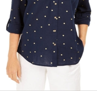 Charter Club Women's Foil Dot Linen Top Blue Size Small